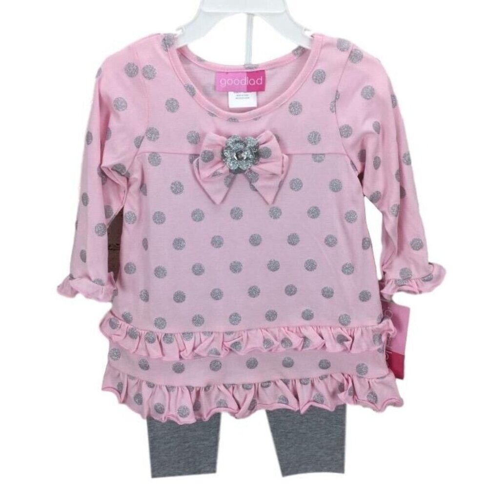 Goodlad Baby Girls Leggings Set 18M Pink Polka Dot Dress & Gray
